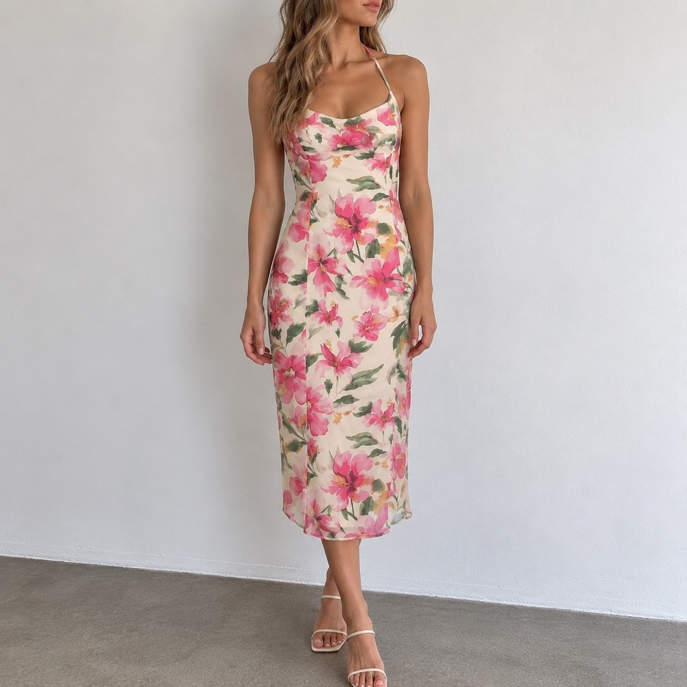 Lulus Harleigh Light Yellow Floral Halter Midi Dress Large Garden Party